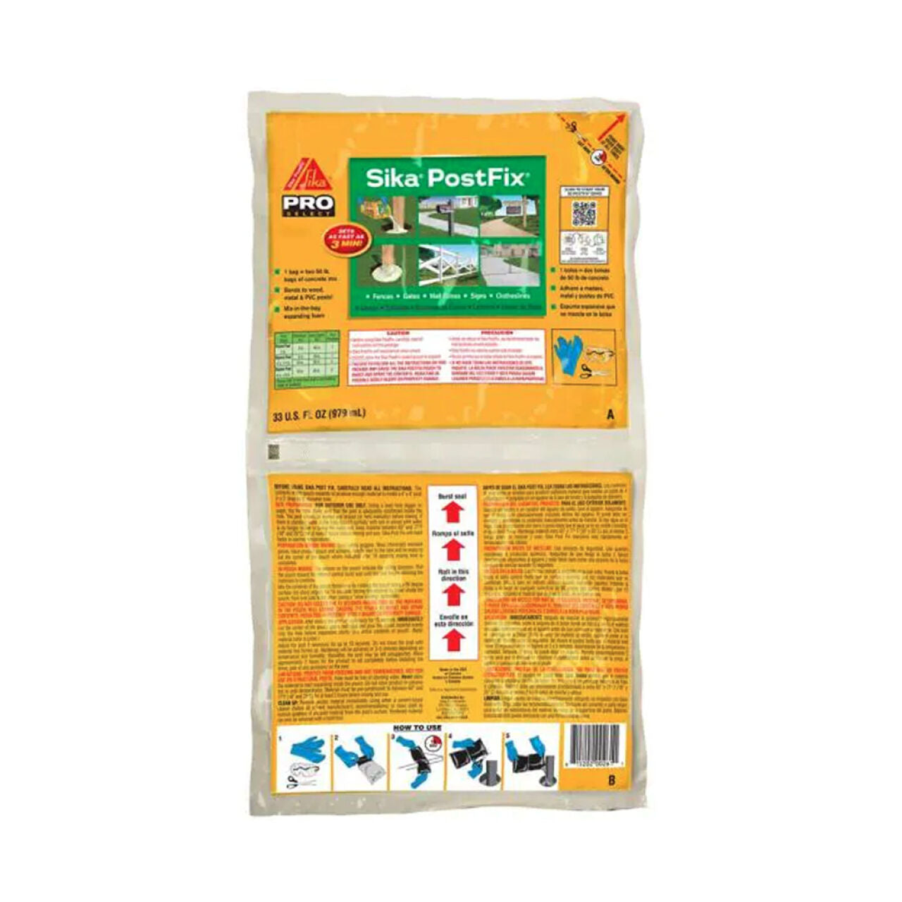 A yellow and orange 33 oz. bag of Go Build Fence Post Mix, The Fastest Way To Build, is a fast-setting, high-strength fence post mix with instructions, illustrations, and usage warnings on the packaging.